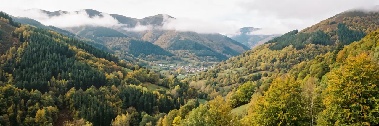 Valle de montaña con bosques de pino y haya en otoño y un pueblo al fondo