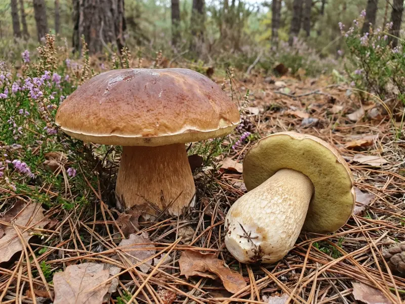 Cep de barret marró i peu gruixut al terra d'una fageda