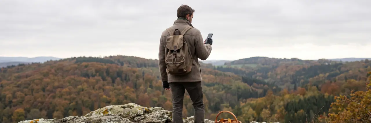 A forager checks a phone on a lookout above autumn woods