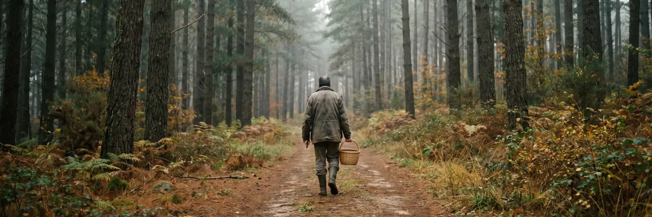 Un buscador de setas camina con su cesta por una pista de un pinar