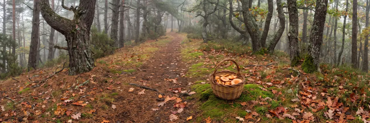 Camí entre pins i roures a la tardor, amb un cistell de rovellons sobre la molsa