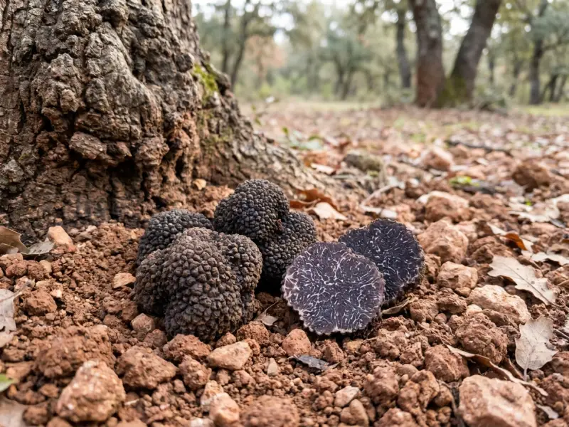 Tòfones negres de superfície rugosa i una de tallada que en deixa veure l'interior vetat